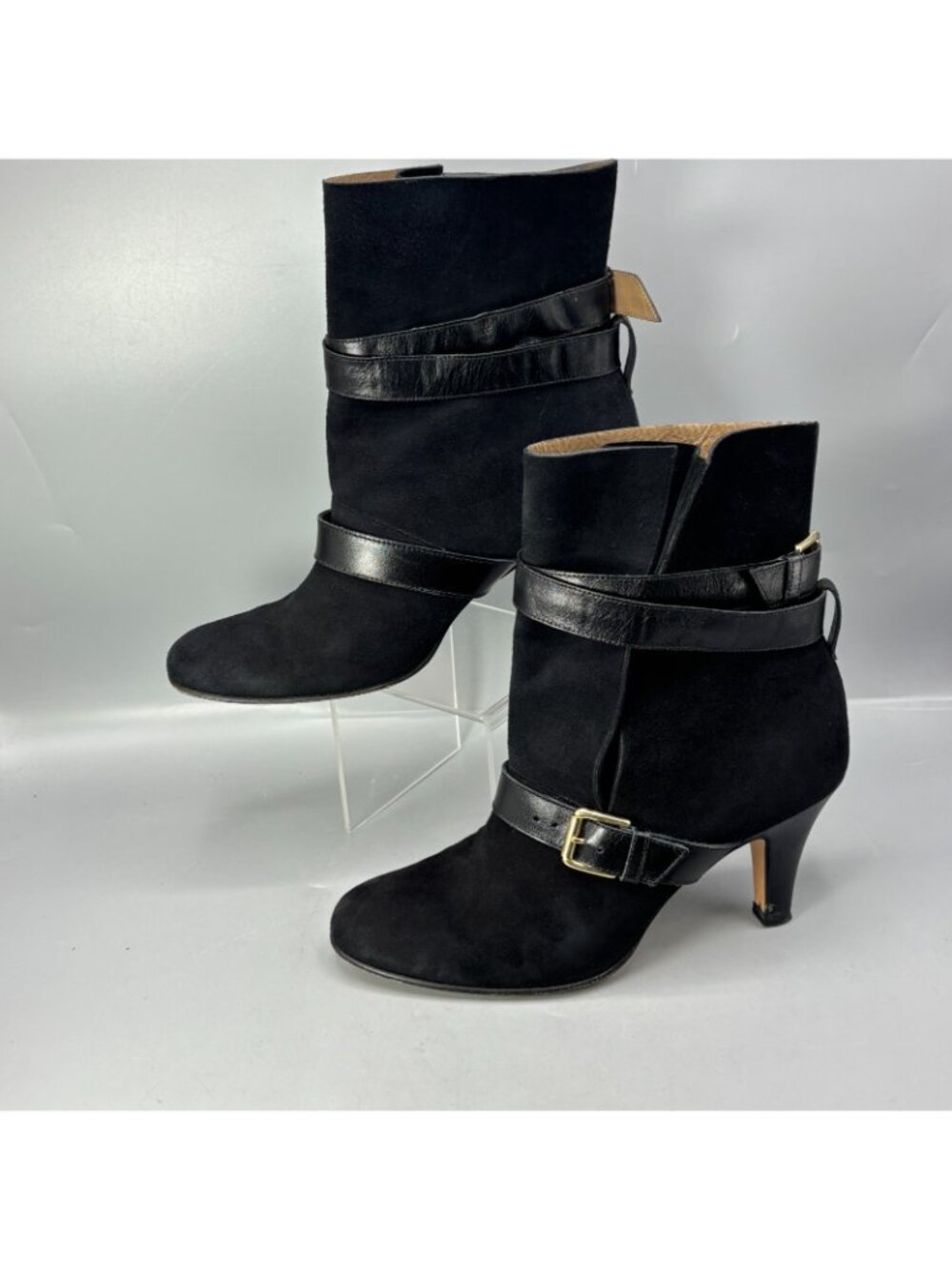 Anyi Lu Handmade Belted Booties Womens 8 Black Suede Leather Straps Cone Heel - Picture 2 of 8